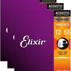 Empire Guitars Accessories Elixir 16052 Nanoweb Phosphor Bronze Strings- Light (12-53)- 3 Packs *Free Shipping In The USA*