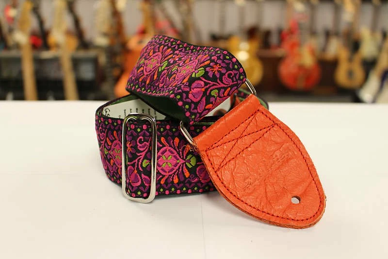 Empire Guitars Souldier Strap Hendrix Magenta With Orange Leather Ends 2" Guitar Strap *Free Shipping In The USA* Accessories