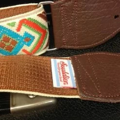 Empire Guitars Accessories Souldier Strap Diamante 2" OR/GR/TQ/BR On WH With Brown Leather Ends *Free Shipping In The USA*