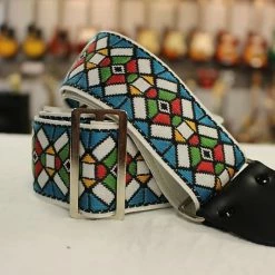Empire Guitars Souldier Guitar Strap Vintage Stained Glass Blue W/ Black Leather Ends *Free Shipping In The USA*