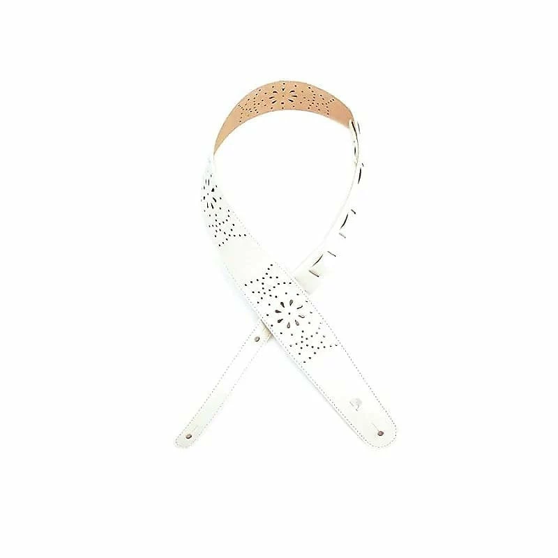 Empire Guitars D'Addario 2.5" White Leather Guitar Strap Perforated Flowers L25W1502